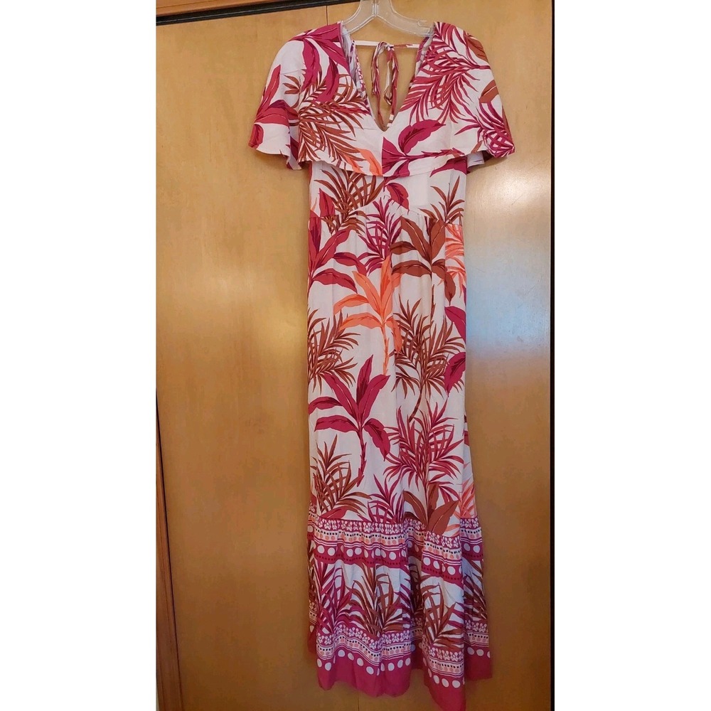Lipsy London Palm Print Maxi Dress Red With Vibrant Palm Leaves Viscose Sz 6 NEW - Picture 3 of 12